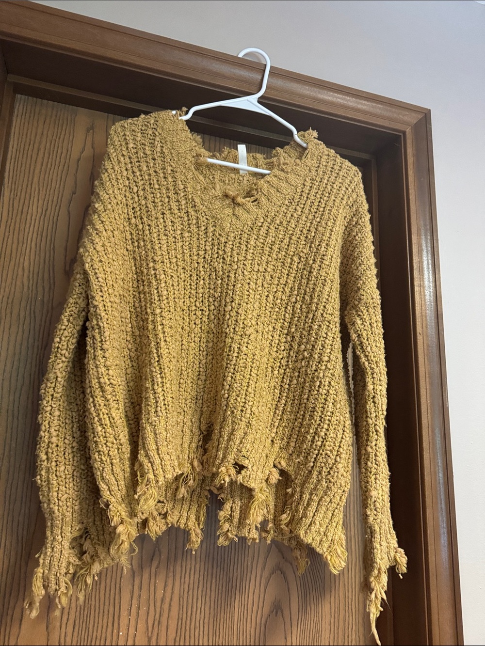 Wishlist Mustard Yellow V-Neck Distressed Knit Sweater